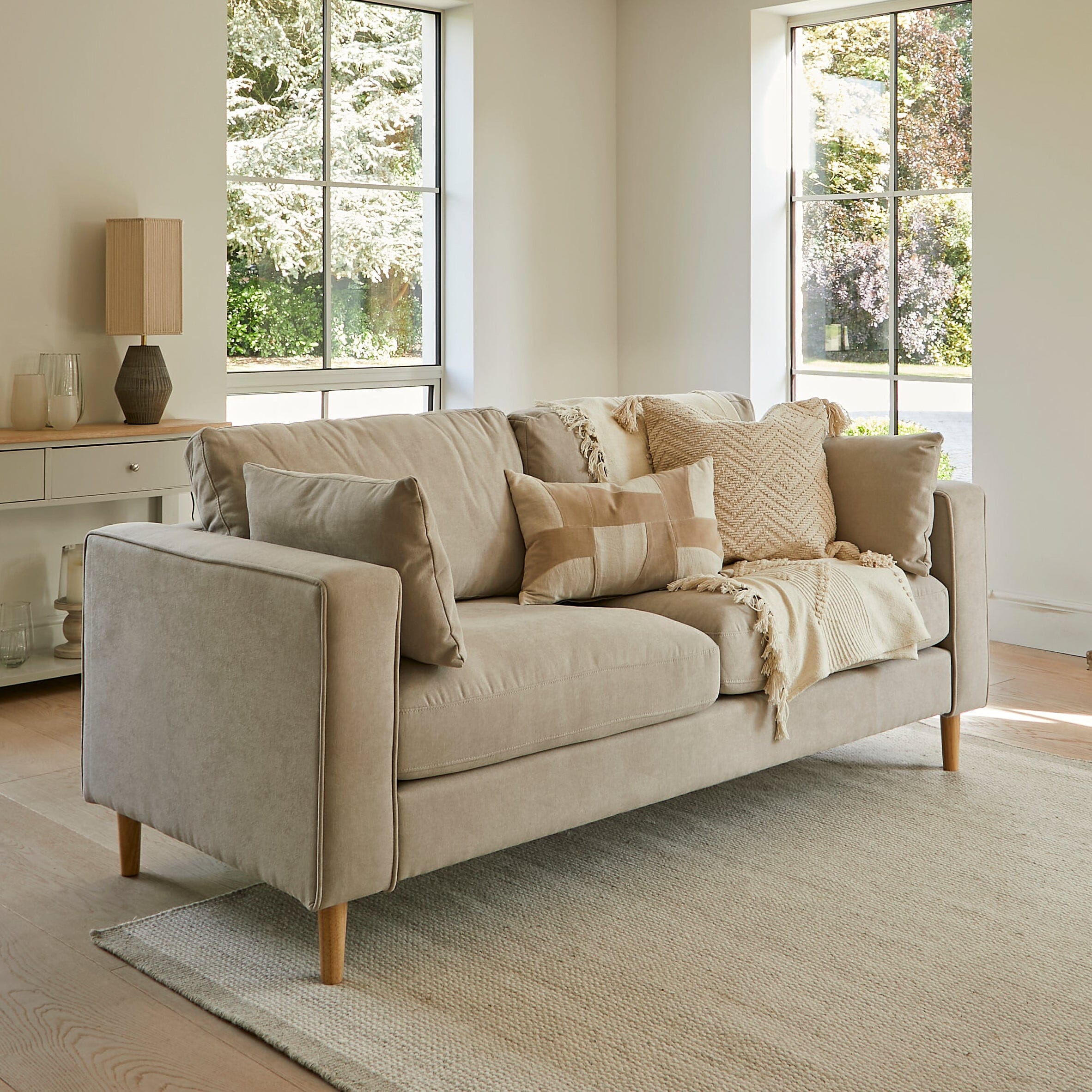 Emily 2 Seater Sofa – Soft Beige with Pale Oak Legs